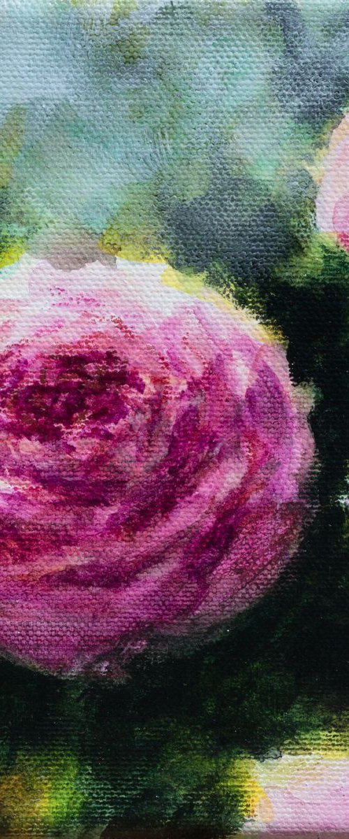 Roses - miniature floral small size canvas ready to hang affordable art by Fabienne Monestier