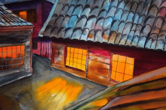 Norwegian watercolor painting Bryggen wooden houses in Bergen, Norway