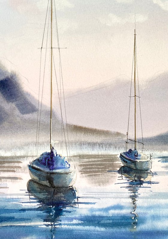 Sailing  boats at sunset watercolor  artwork, ocean painting, seaside  decor for bedroom , medium size, blue colors