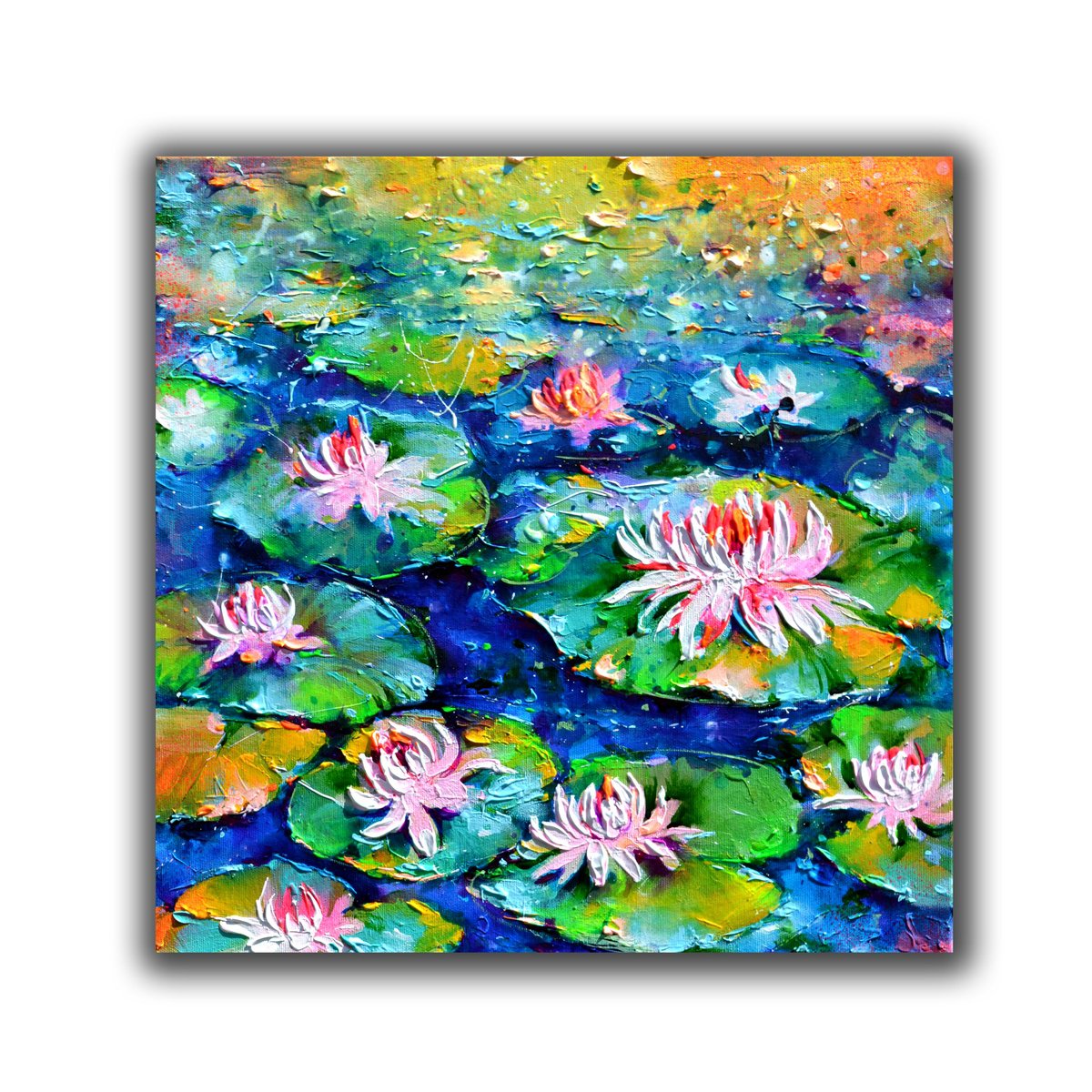Impressionistic Botanical Acrylic Painting By Soos Roxana Gabriela, 20 X 20", Water Lilies On The Pond, Original Artwork