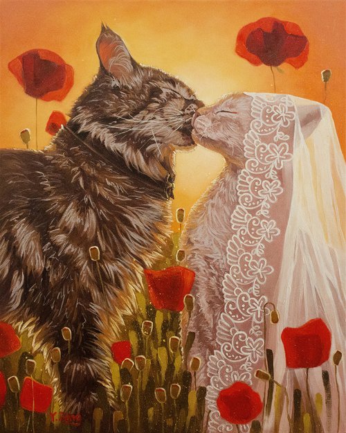 Cats wedding in poppy field by Yue Zeng