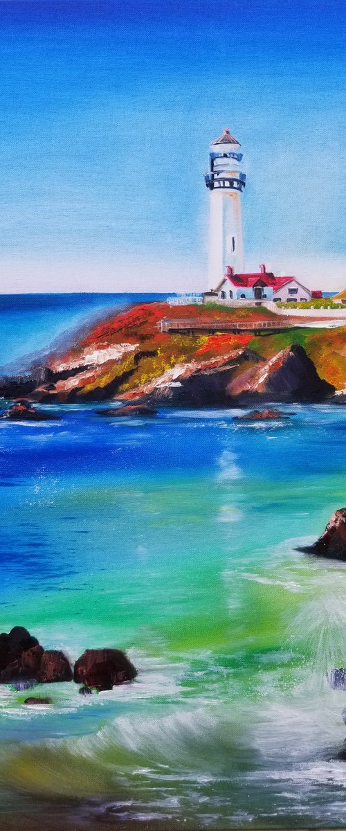 Lighthouse Landscape. Pigeon Point Lighthouse (California, USA). Original Oil Painting on Canvas. Spectacular Coastal Landscape with Blue Sky and Water Reflection. by Alexandra Tomorskaya/Caramel Art Gallery