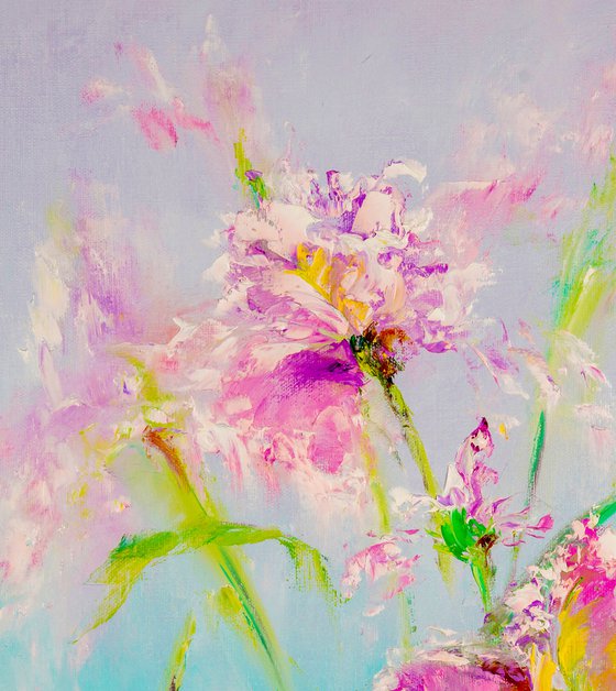 MOMENTS FROM DREAMS - Air flowers. Pink irises. Lovely bouquet. Present. Gradient. Botanical. Blue background.