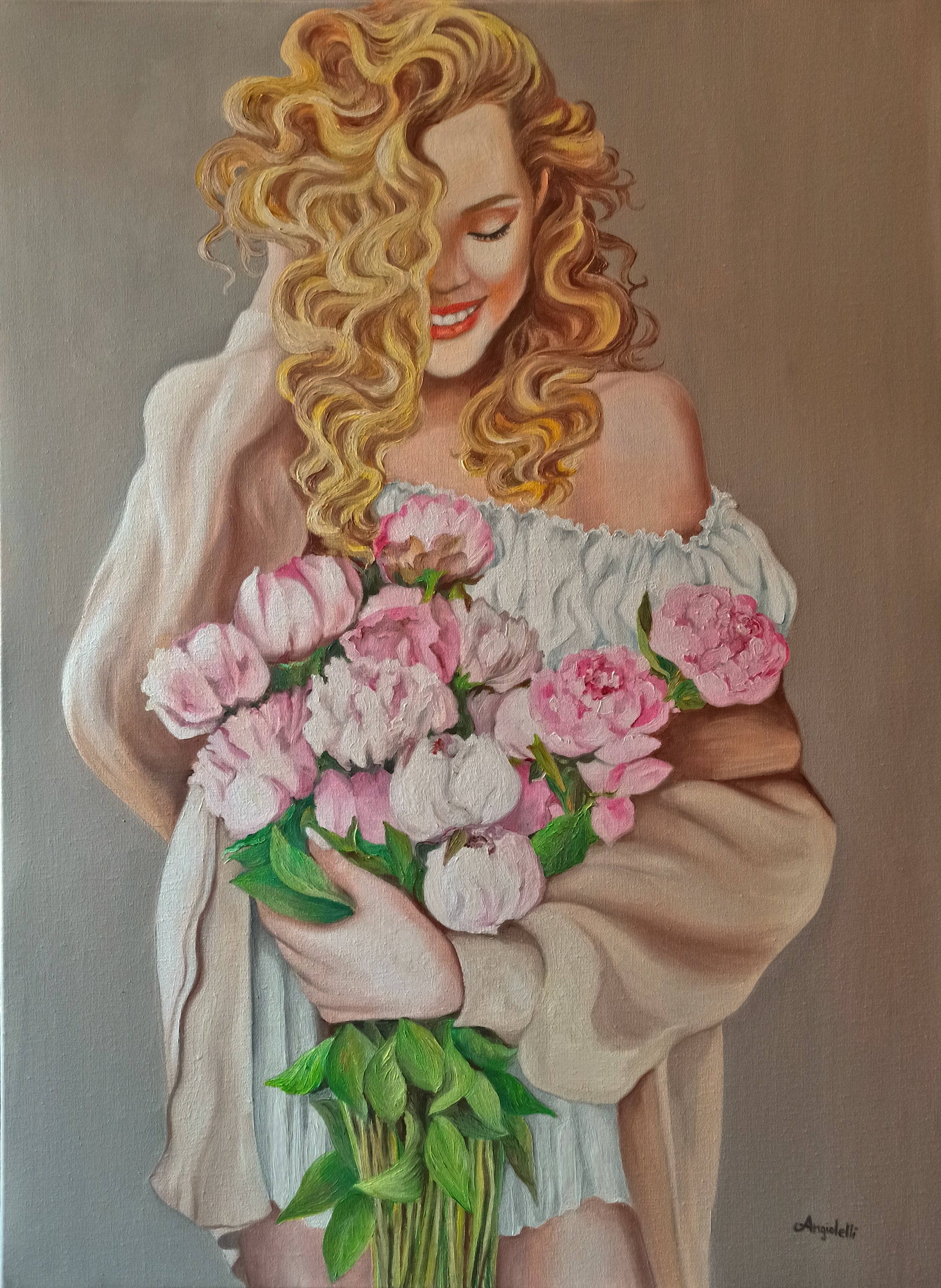 Photorealistic Portrait Oil Painting By Anna Rita Angiolelli, 22 X 30, Portrait With Peonies, Original Artwork