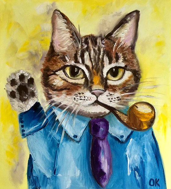 Troy The  Cat, portrait with a pipe and tie   oil painting for cat lovers