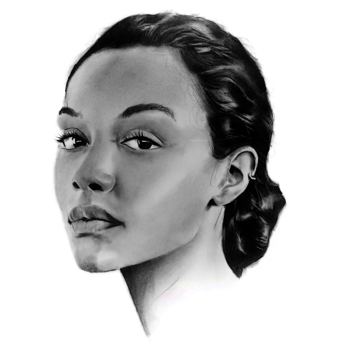 Illustrative Portrait Charcoal Drawing By Denny Stoekenbroek, 14 X 14, Unwavering Poise, Original Artwork