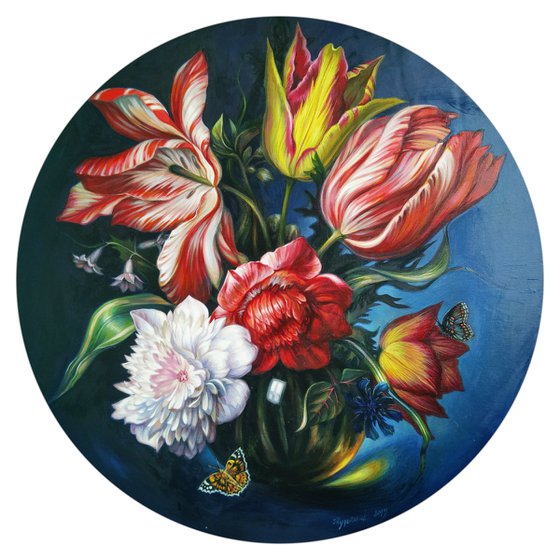 Dutch still life with flowers in the style of the 17thOriginal painting 35.5 inch,Dutch Still life Flowers,Circle Round Picture,flowers Artwork,still life flowers,old painting style,hiperrealism