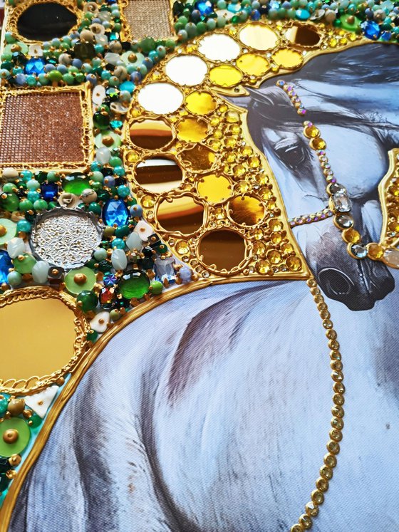 Pearl silver horse. Sun in the forest