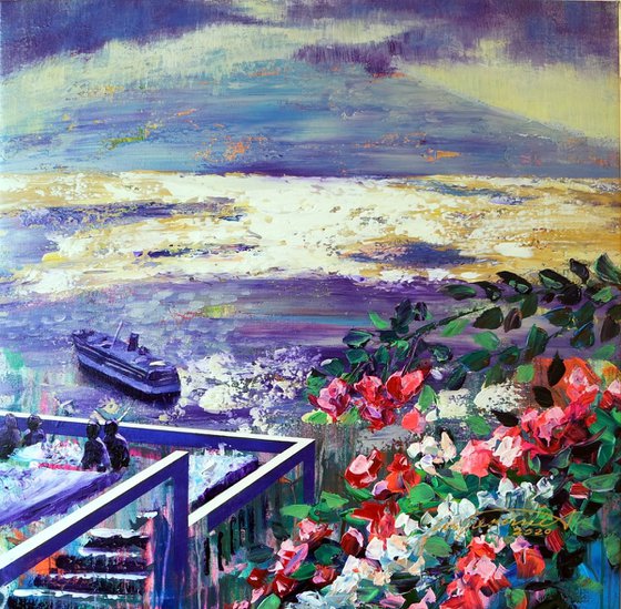 'OVER THE SEA ON SANTORINI ISLAND' - Large Acrylics Painting on Canvas