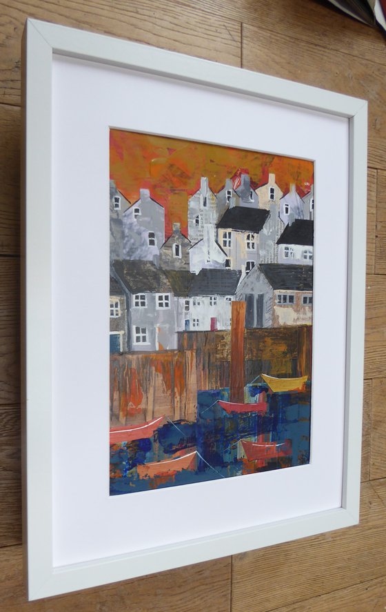 Harbour, collage with orange sky