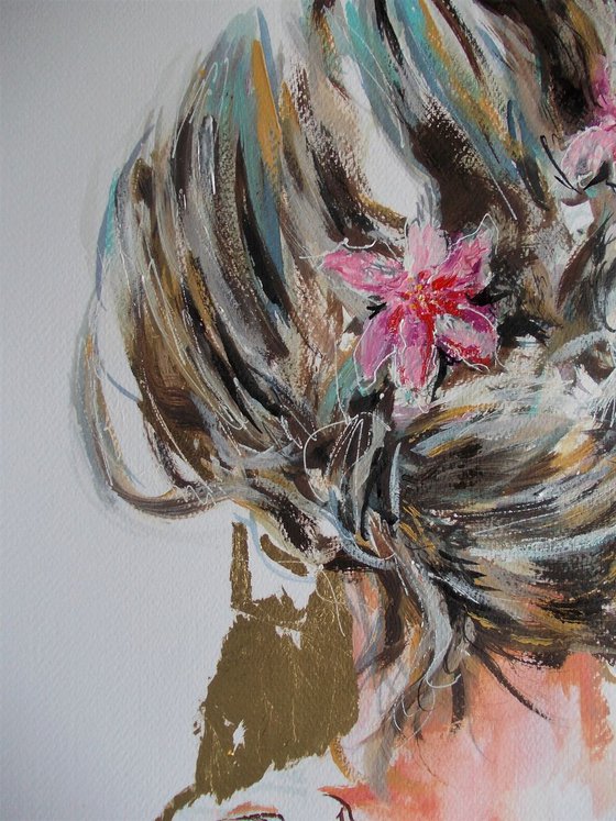 Flowers in Her Hair-Woman Portrait-Watercolor,Mixed Media On Paper