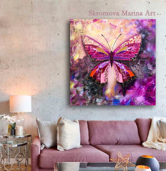 PINK PASSION - Modern pink butterfly. Steampunk style butterfly. Beautiful butterfly. Magic butterfly. Unusual wings. Flight. Crystals. Gold.