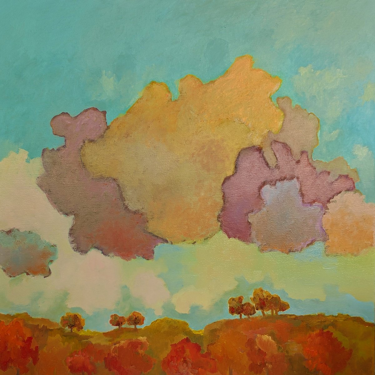 Impressionistic Landscape Oil Painting By Veta Barker, 30 X 30", Clouds In Autumn., Original Artwork