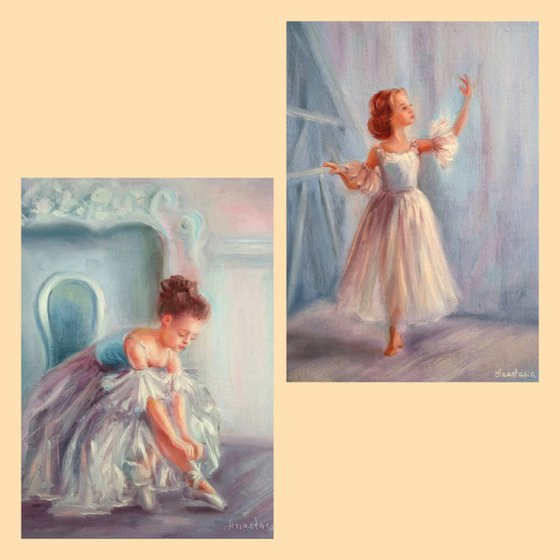 Set of 2 paintings Ballet dancers Little Ballerina Dancing Baby Girls