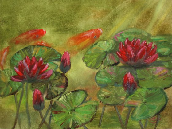 Water lilies. Koi /  ORIGINAL PAINTING