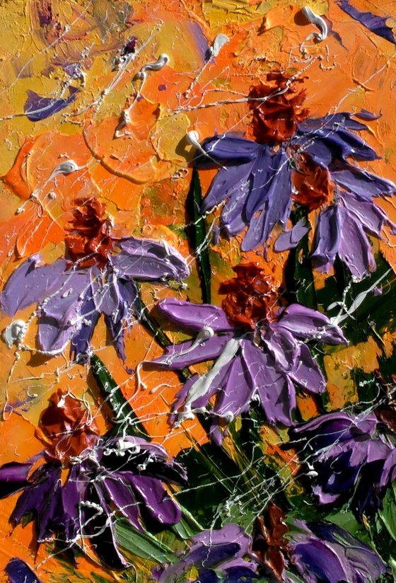 Echinacea Painting Floral Original Art Coneflowers Oil Impasto Meadow Abstract Flowers Artwork Daisy Impasto Palette Knife Home Wall Art 3.5 by 5" by Halyna Kirichenko