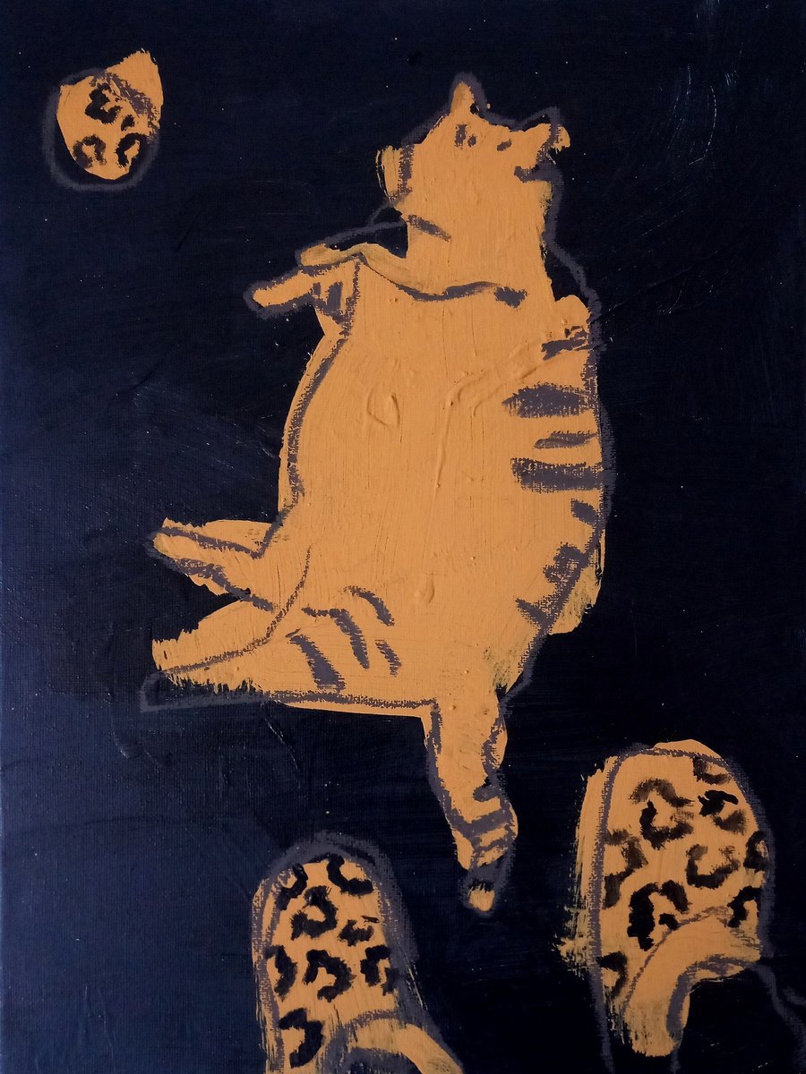 Abstract Animal Acrylic Painting By Valerie Lazareva, 12 X 16", #4/24 Tiger Cat On A Black Background, Original Artwork