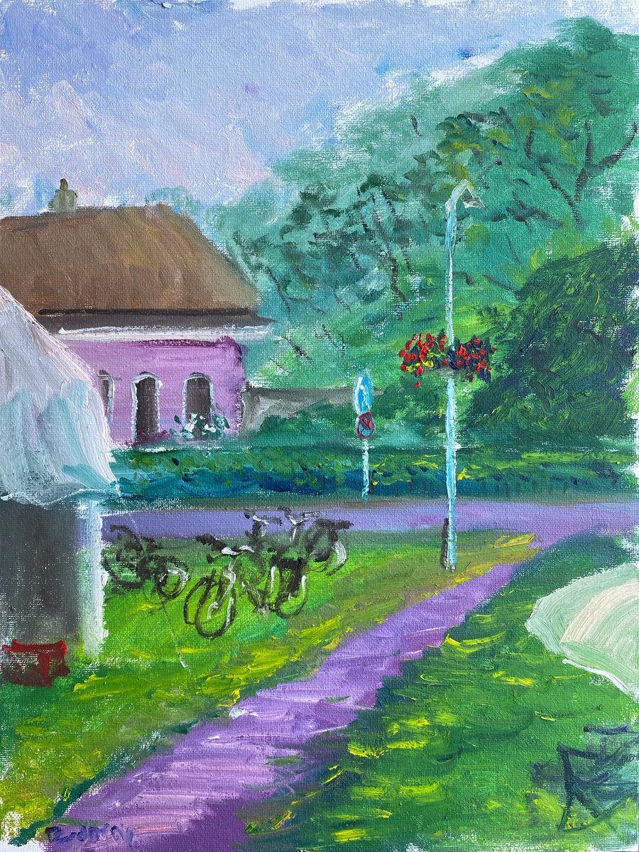 Impressionistic Landscape Oil Painting By Dmitry Fedorov, 12 X 16, Bikes On The Grass, Original Artwork