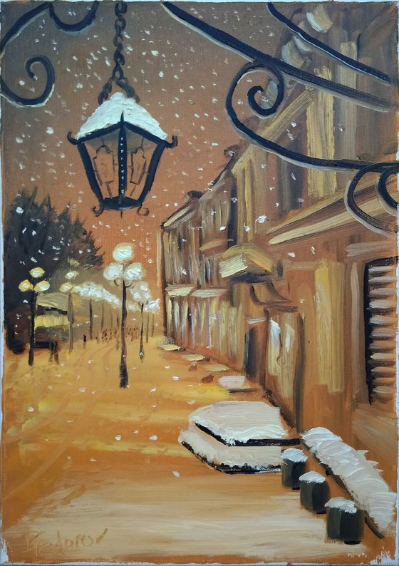 Winter evening street and snowfall
