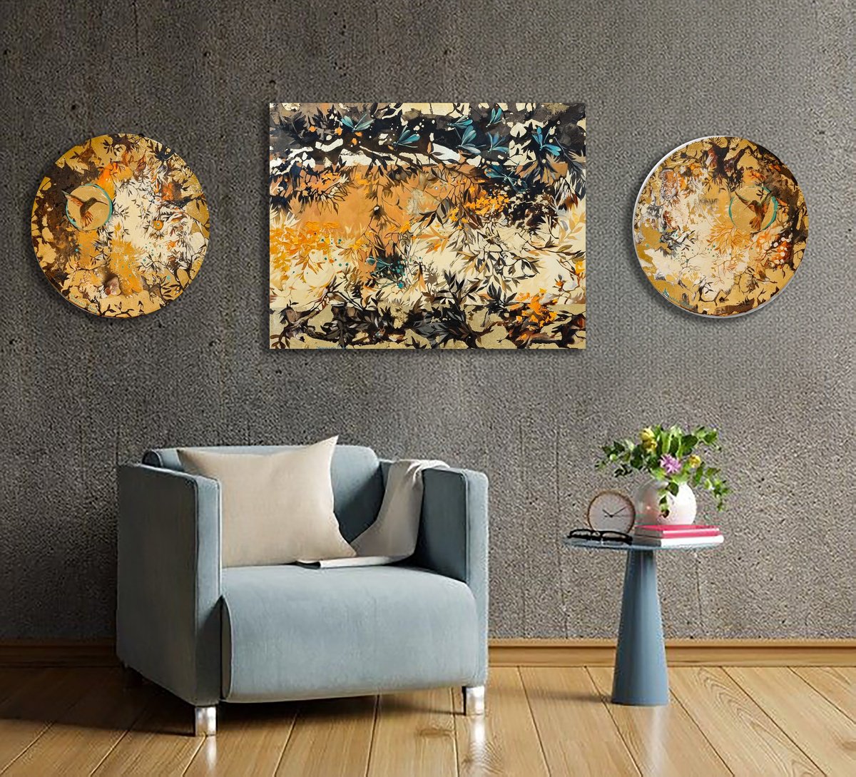 Abstract Oil Painting By Natalia Yampolskaia, 75 X 28", Space. Triptych, Original Artwork