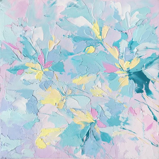 Light blue abstract flowers small oil painting "Winter in color"