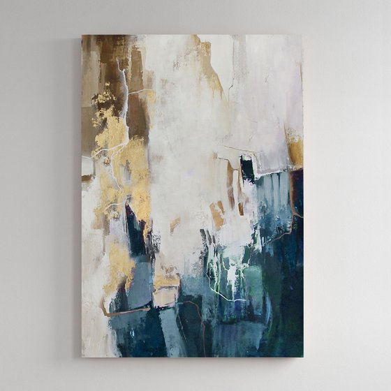 "Breeze 2" Teal gold gray abstract art