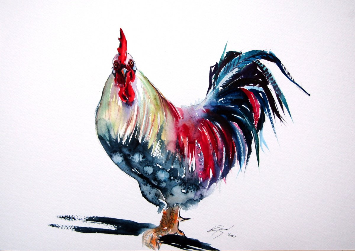 Impressionistic Watercolour , Colorful Rooster Ii By Kovacs Anna Brigitta, 15 X 10, Artwork For Sale On Artfinder
