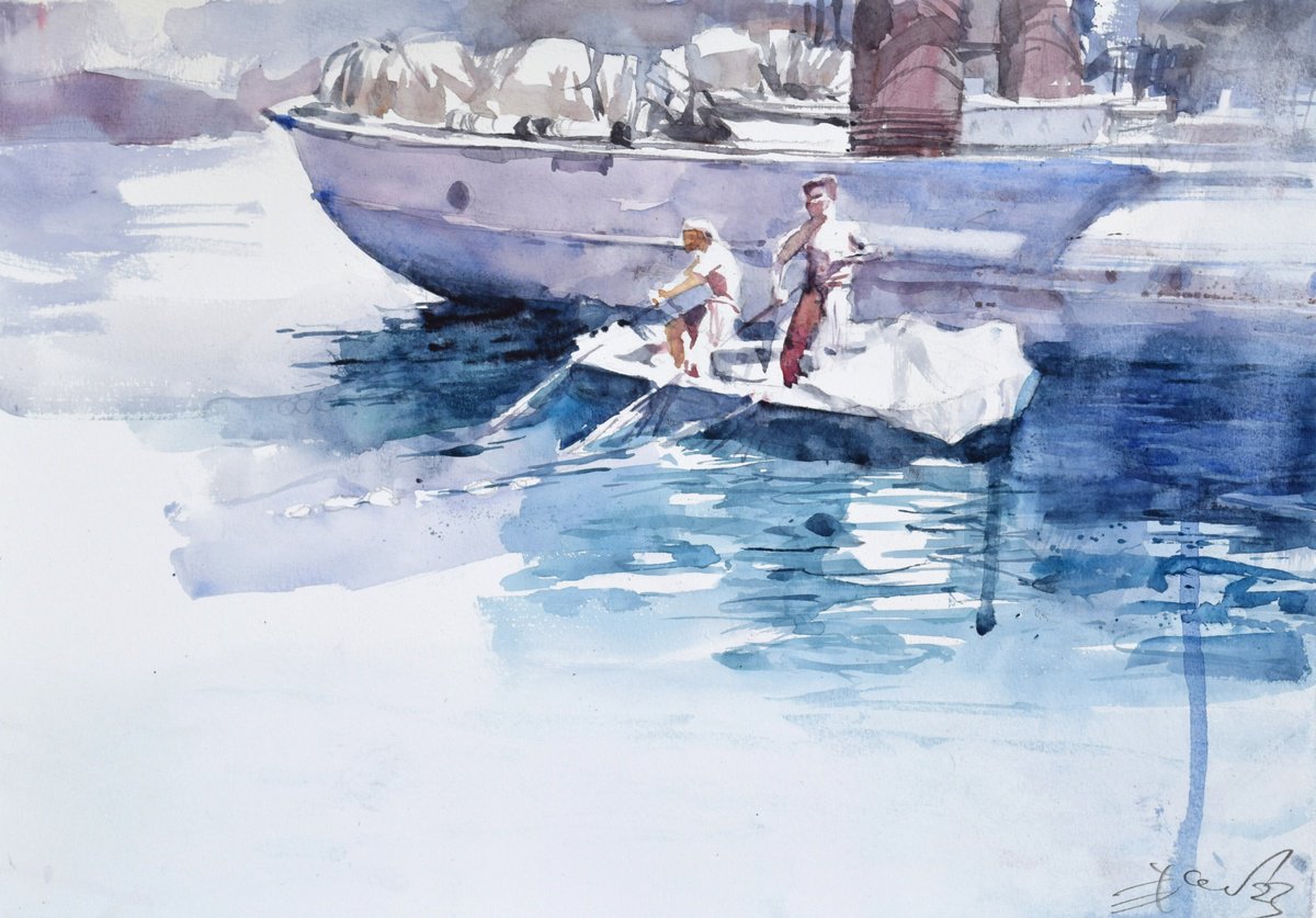 FIshermans in the mediterranean harbor by Goran Zigolic Watercolors