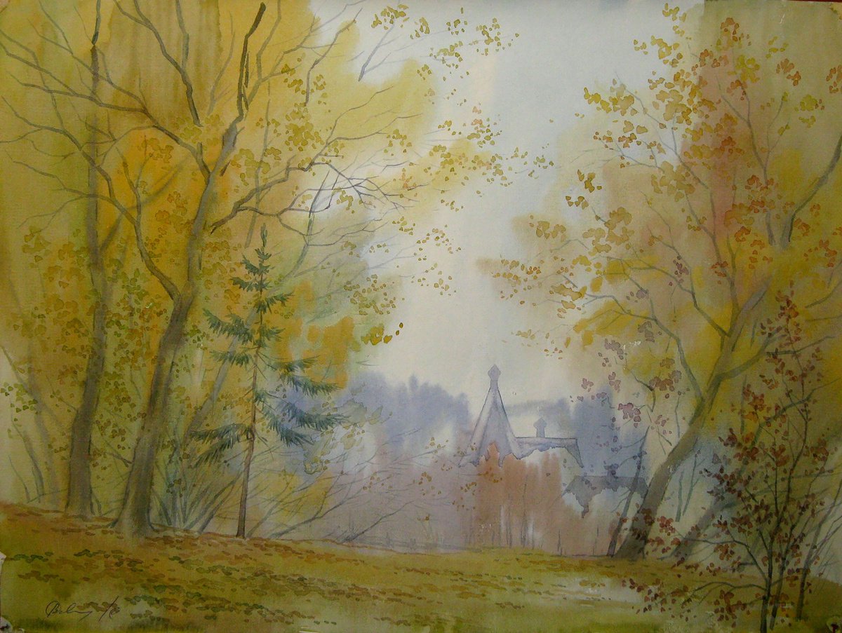 Impressionistic Landscape Watercolour By Valeriy Savenets-1, 16 X 12", October Melody, Original Artwork