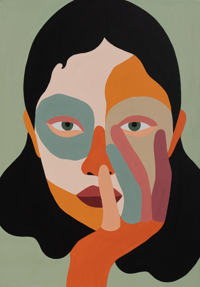 Geometric Portrait Acrylic Painting By Katalin Macevics, 30 X 41", Echo Of Silence 2, Original Artwork