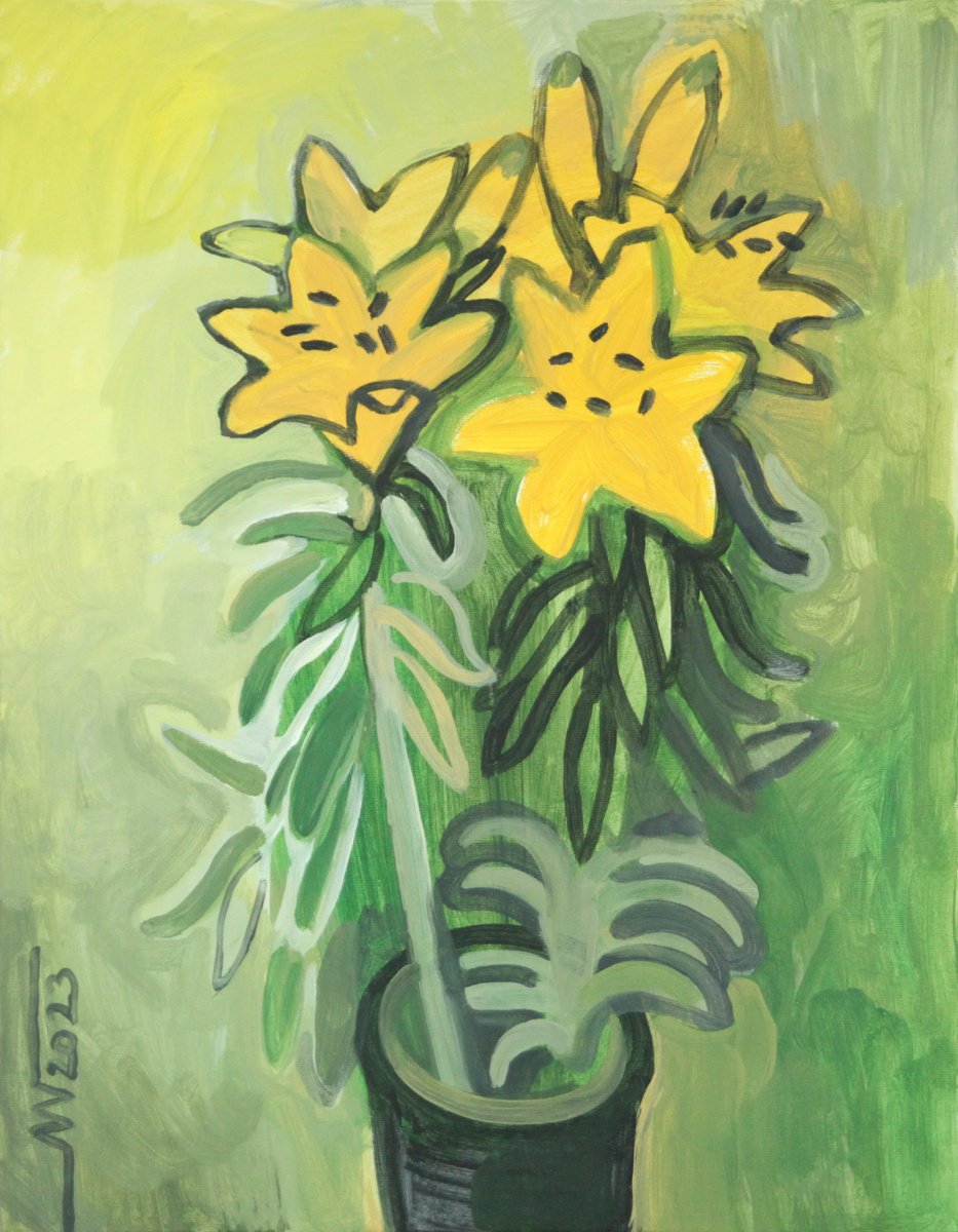 Botanical Acrylic Painting By Marina Gorkaeva, 16 X 20", Lillies, Original Artwork