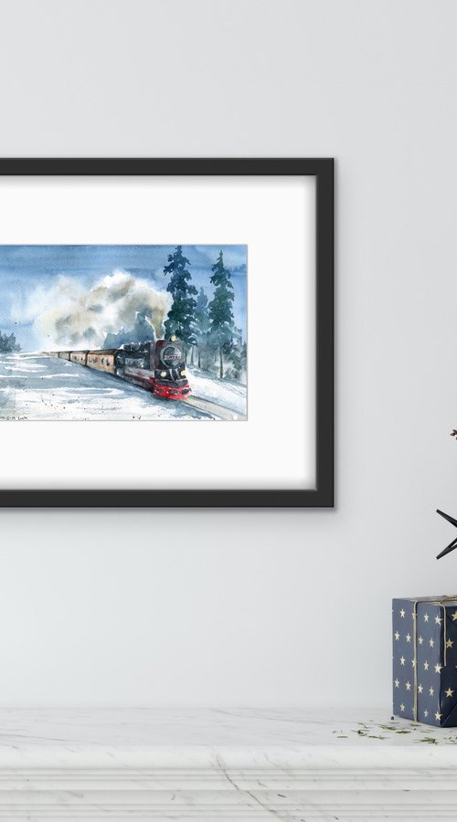 Winter train. Original watercolor artwork. by Evgeniya Mokeeva