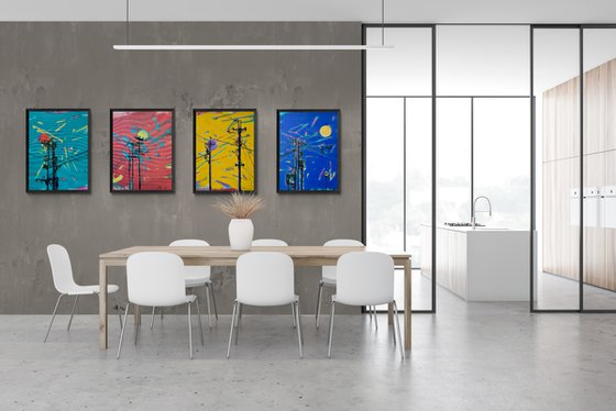 XXXL Urban painting-"Electricity"-Pop art-Polyptych-Bright-Street art-Diptych-Electric pole-Urban-Sunset