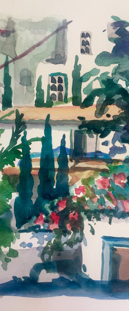 View up the hill through the Oleander bushes and Cypress trees, Hydra Island - Greece by Annie Meier