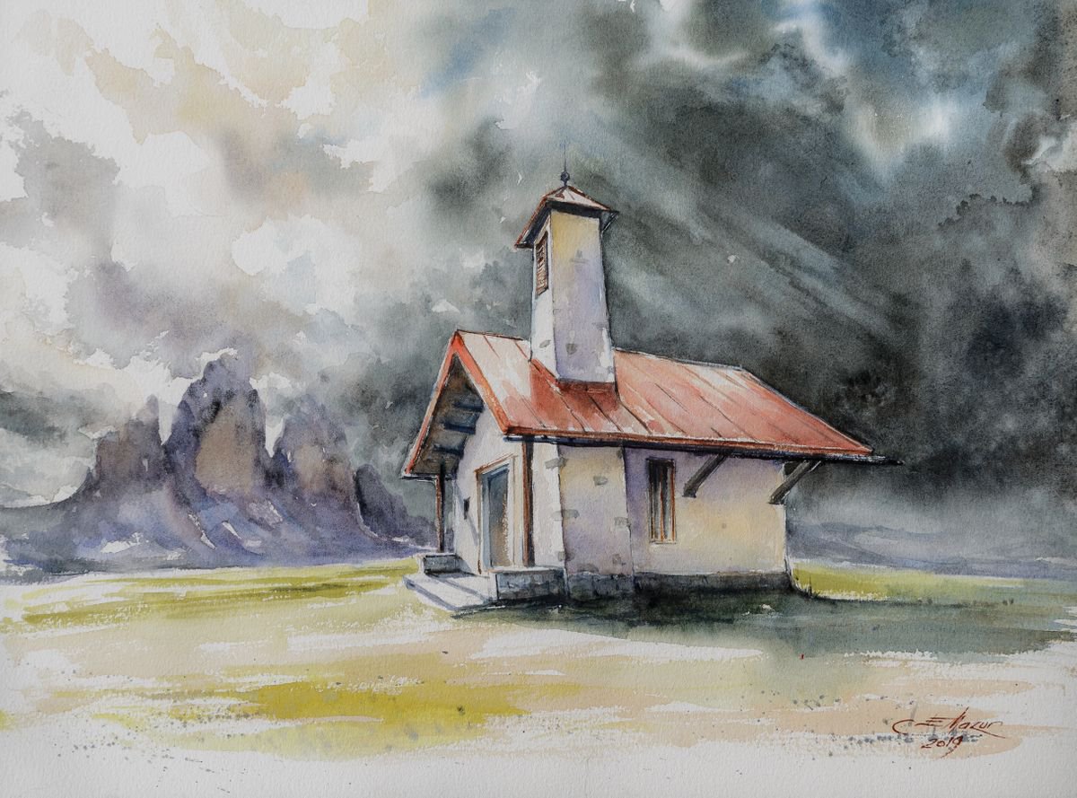 Impressionistic Landscape Watercolour By Eve Mazur, 16 X 12, Drei Zinnen, Original Artwork