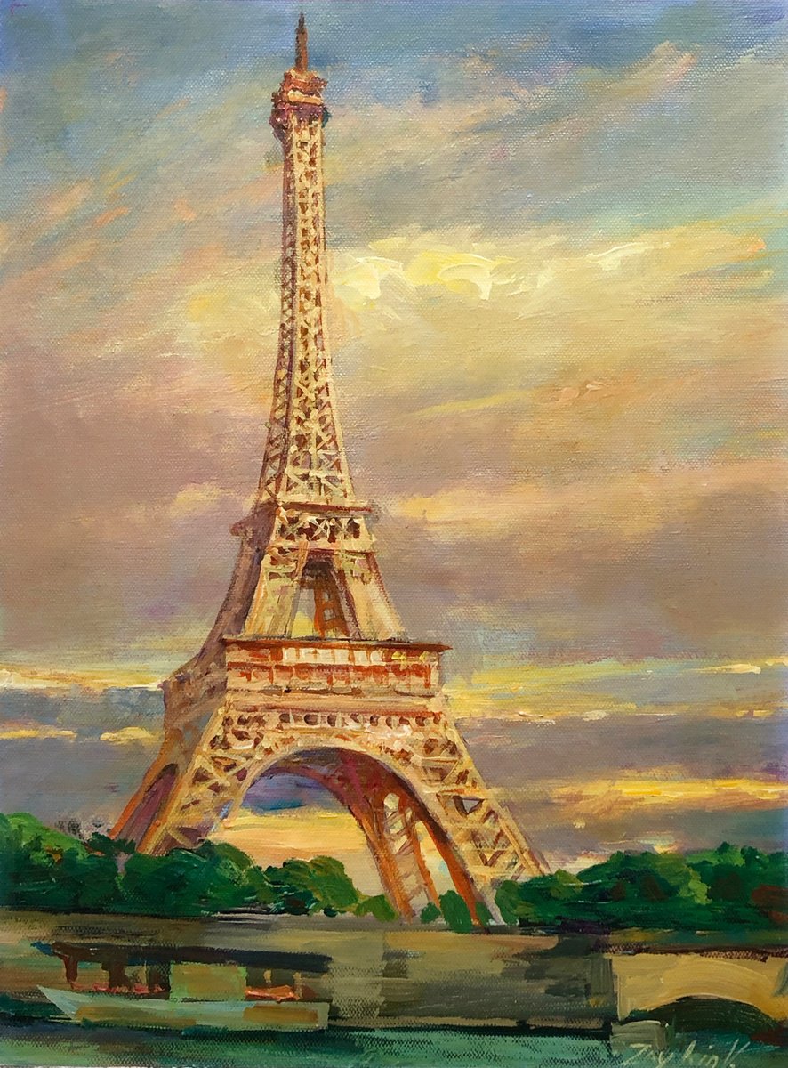 Impressionistic Cityscapes Oil Painting By Viacheslav Zaykin, 12 X 16", Eiffel Tower. Evening., Original Artwork
