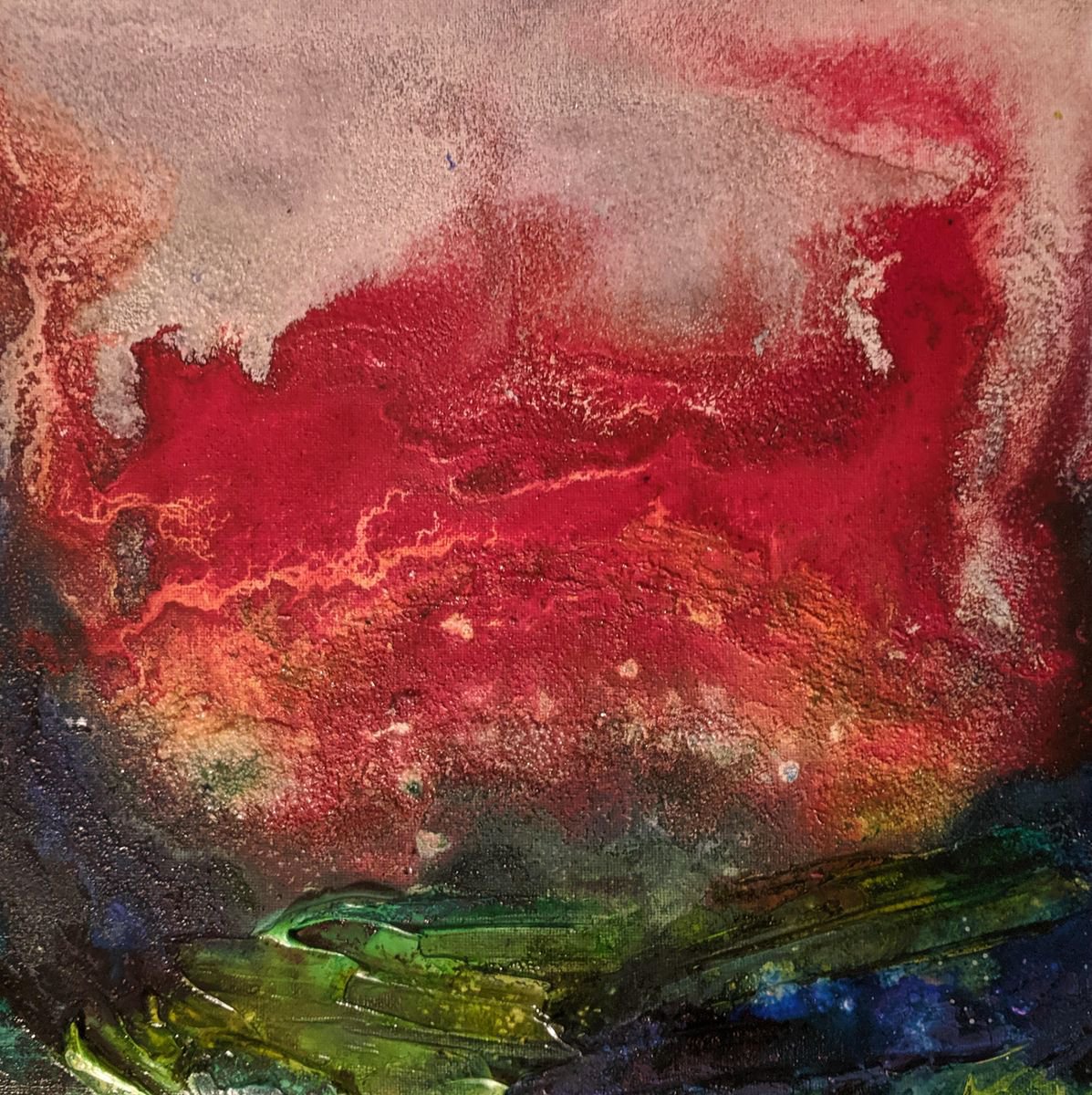 Abstract Landscape Painting By Shelli Finch, 12 X 12", Flaming Sunset Ii, Original Artwork