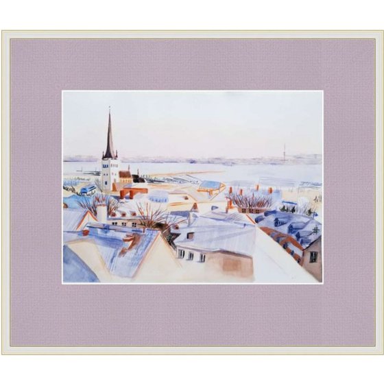 Winter Morning in Tallinn. Original Watercolor Painting on Cold Press Paper 300 g/m or 140 lb/m. Landscape Painting. Wall Art. 11" x 15". 27.9 x 38.1 cm. Unframed and unmatted.