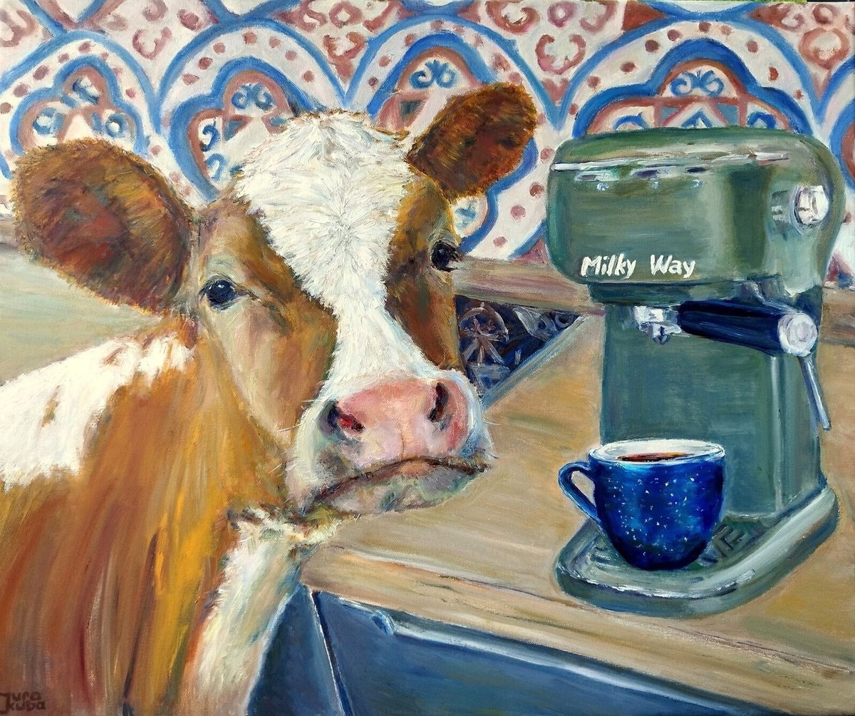 Photorealistic Animal Oil Painting By Jura Kuba Art, 24 X 20", Milky Way, The Cow At Home, Original Artwork