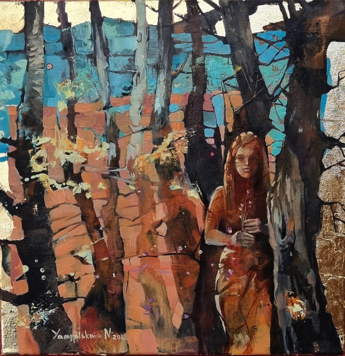 Portrait Oil Painting By Natalia Yampolskaia, 16 X 16", Immortelle Flowers I, Original Artwork