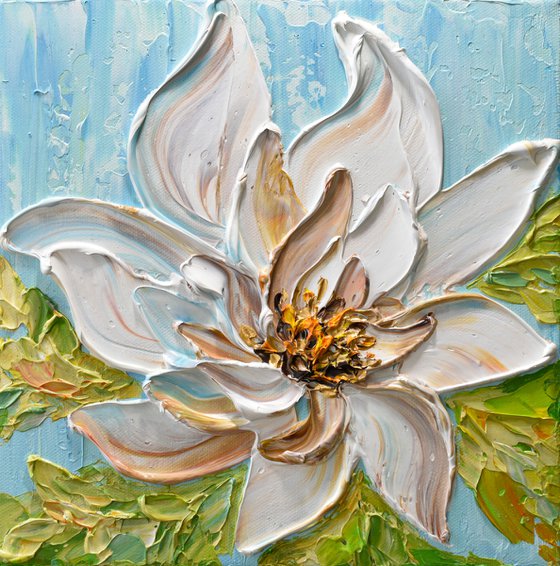 Magnolia II - Heavy textured white flower painting