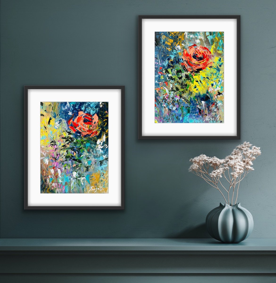 Symphony in Scarlet - Diptych Painting - Roses by Pooja Verma