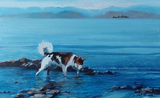 Sea walk dog painting original, Blue water landscape painting original small