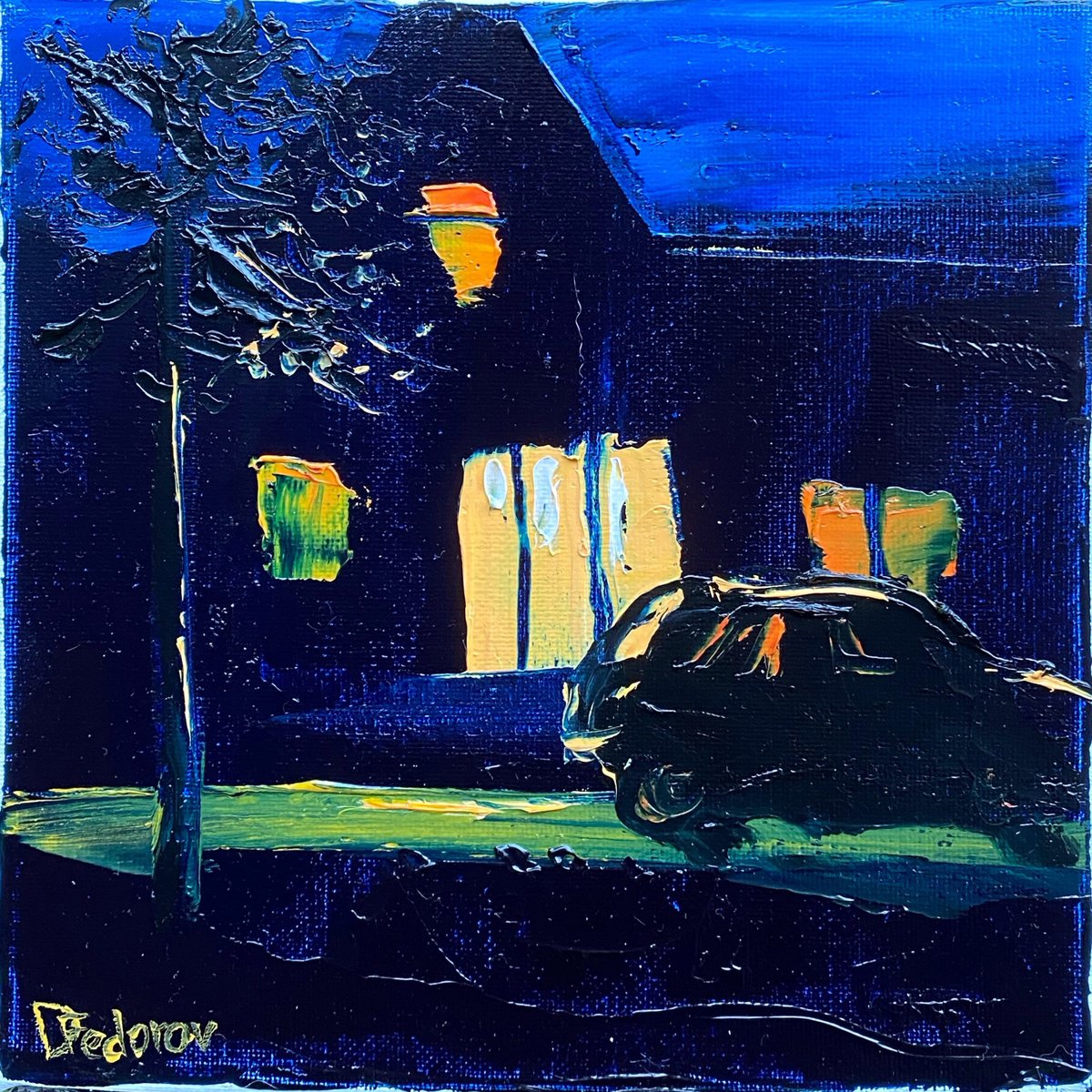 Impressionistic Cityscapes Oil Painting By Dmitry Fedorov, 8 X 8, Warm Light In House At Night, Original Artwork