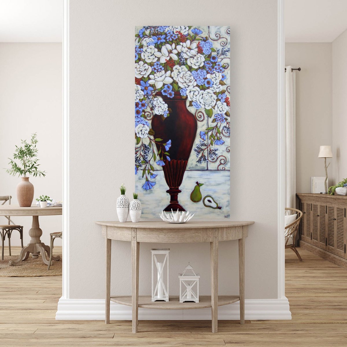 Impressionistic Botanical Acrylic Painting By Karen Rieger, 30 X 60", Blue And White Blooms With Pears, Original Artwork