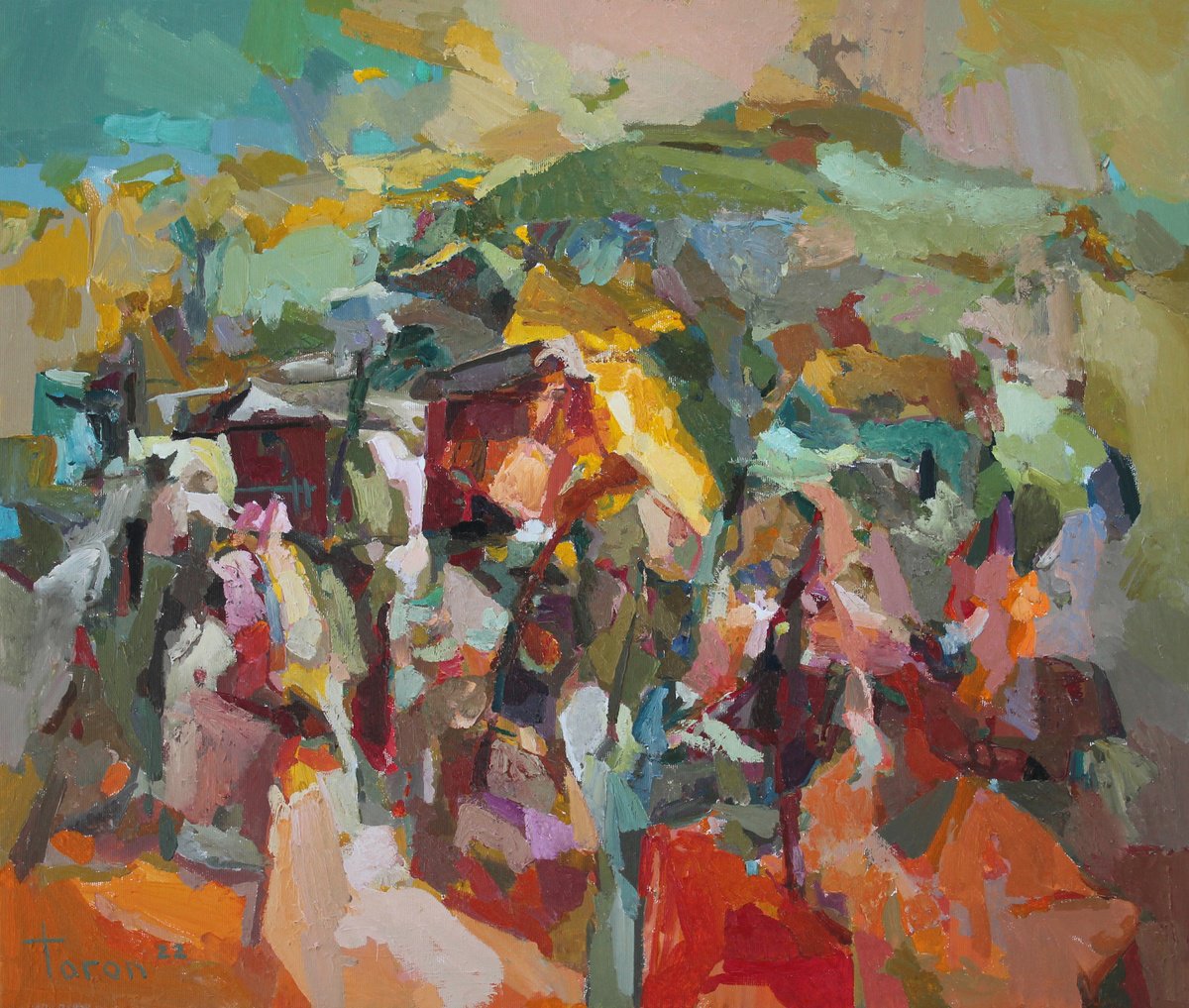 Abstract Landscape Oil Painting By Taron Khachatryan, 26 X 22", Golden Autumn, Original Artwork