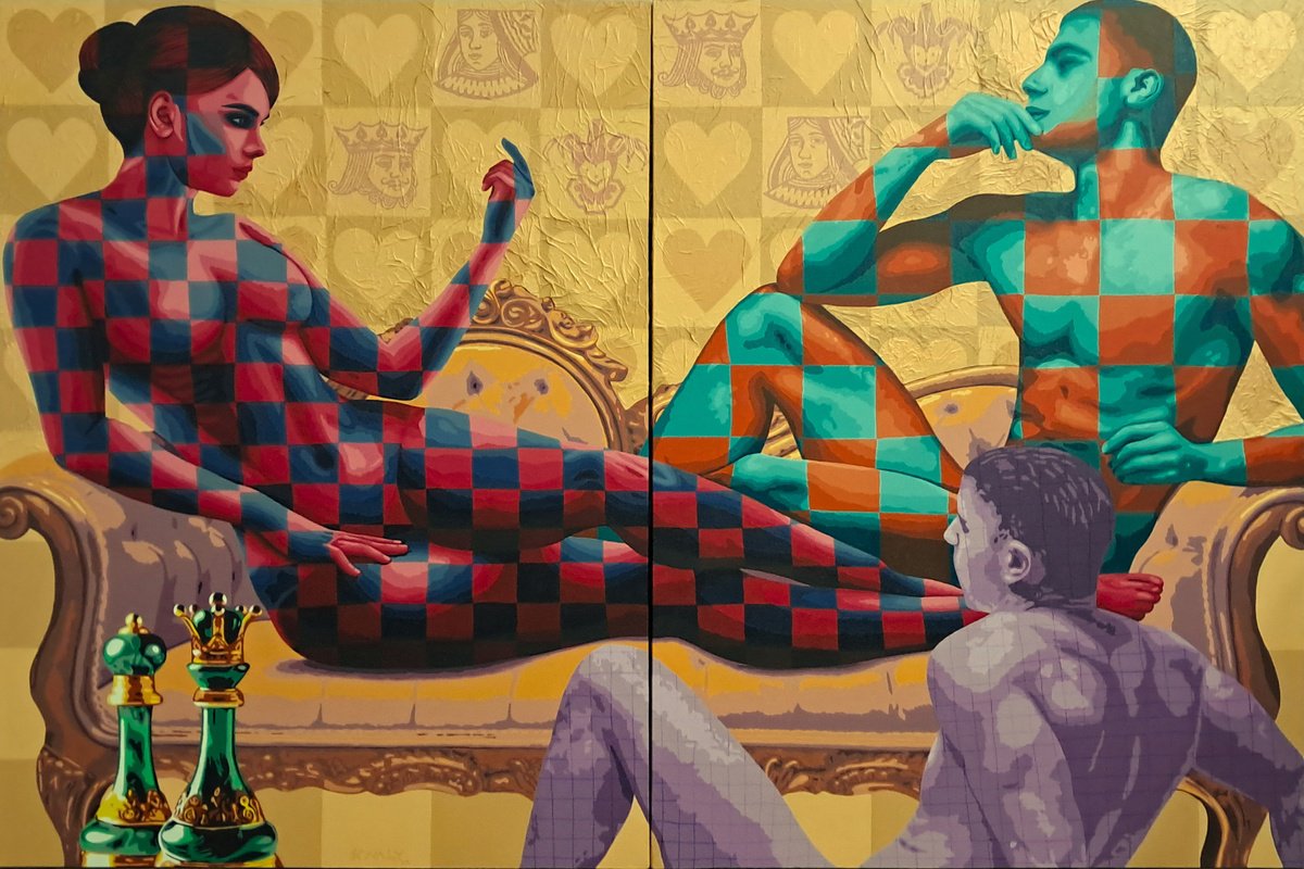 Expressive Portrait Painting By Sonaly Gandhi, 72 X 48", King And Queen Of Hearts, Original Artwork