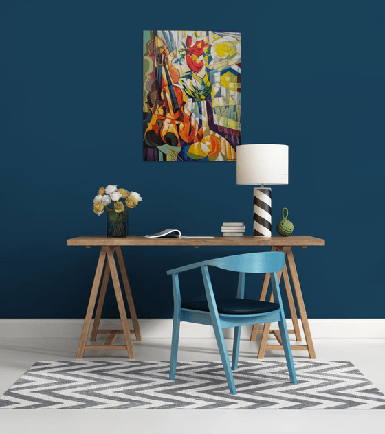 Still life with lemons and violin (60x80cm, cubism, oil painting, ready to hang)