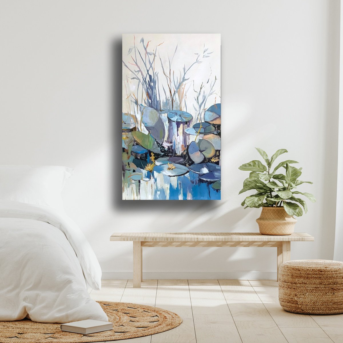 Expressive Landscape Oil Painting By Vita Schagen, 28 X 47", Pond With Water Lilies., Original Artwork