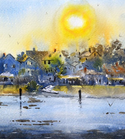 Sunce i Dunav kej Zemun 17x36cm 2022 by Nenad Kojić watercolorist